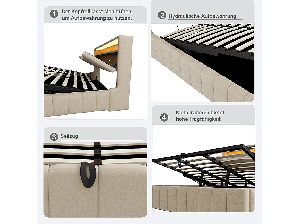 Cama de adulto 180 x 200 cm, arrumação hidráulica, equipada com uma faixa luminosa LED, portas de carregamento USB e USB-C, tecido de linho,  bege