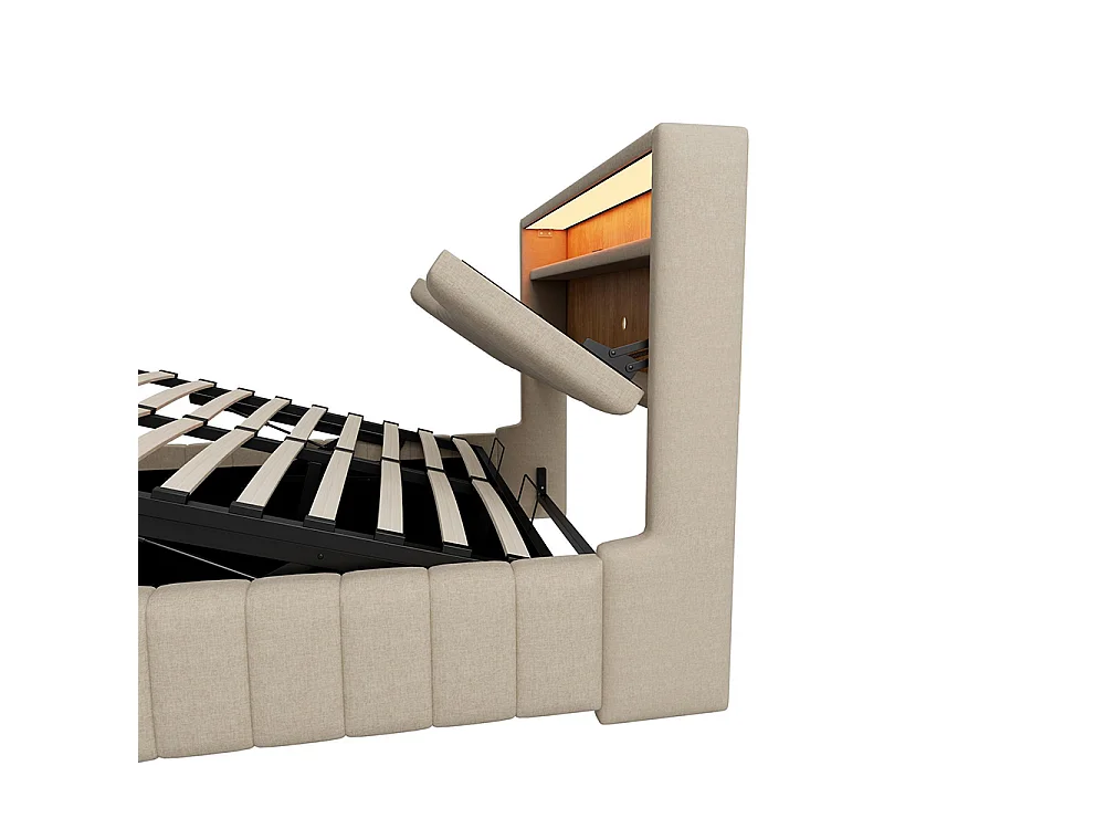 Cama de adulto 180 x 200 cm, arrumação hidráulica, equipada com uma faixa luminosa LED, portas de carregamento USB e USB-C, tecido de linho,  bege