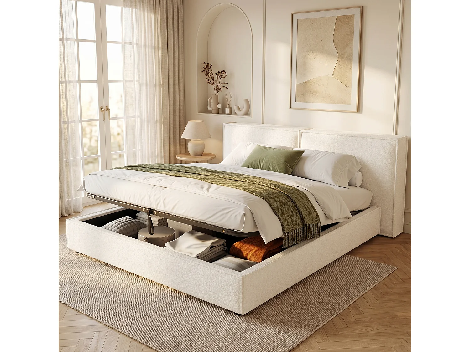 Lit double rembourré 180 x 200 cm, rangement hydraulique, sommier intégré, tissu bouclé, blanc