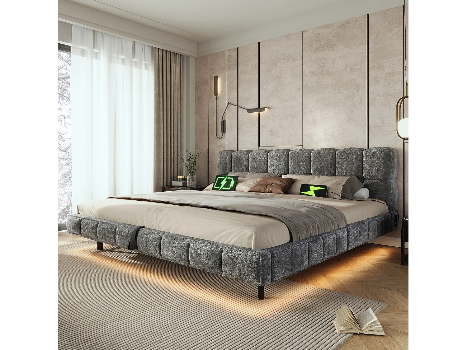 Lit pour adulte rembourré, rangement hydraulique, éclairage LED, ports de recharge (USB et Type-C), tissu chenille, gris - 160 x 200 cm