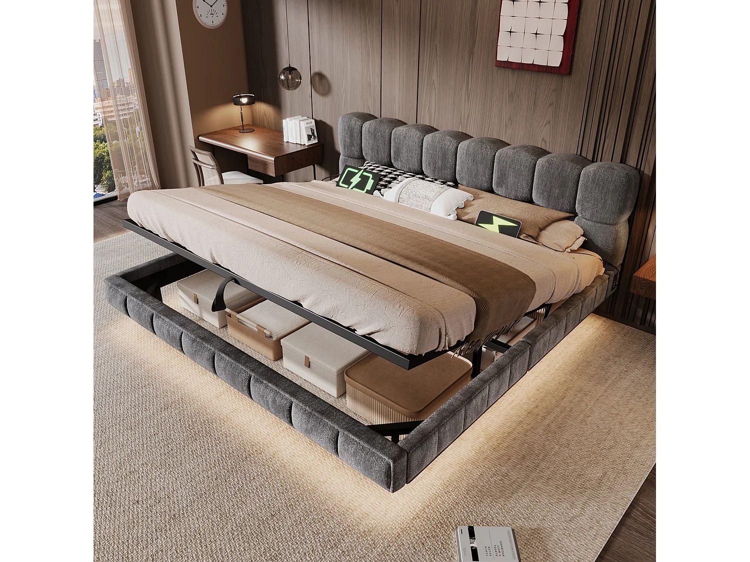 Lit pour adulte rembourré, rangement hydraulique, éclairage LED, ports de recharge (USB et Type-C), tissu chenille, gris - 160 x 200 cm