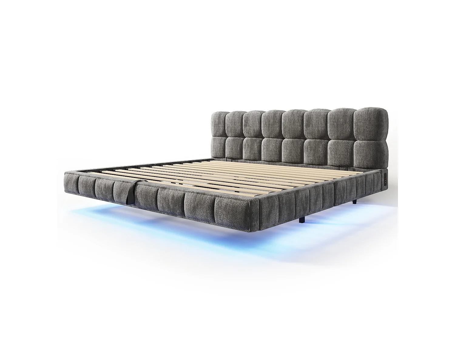Lit pour adulte rembourré, rangement hydraulique, éclairage LED, ports de recharge (USB et Type-C), tissu chenille, gris - 160 x 200 cm