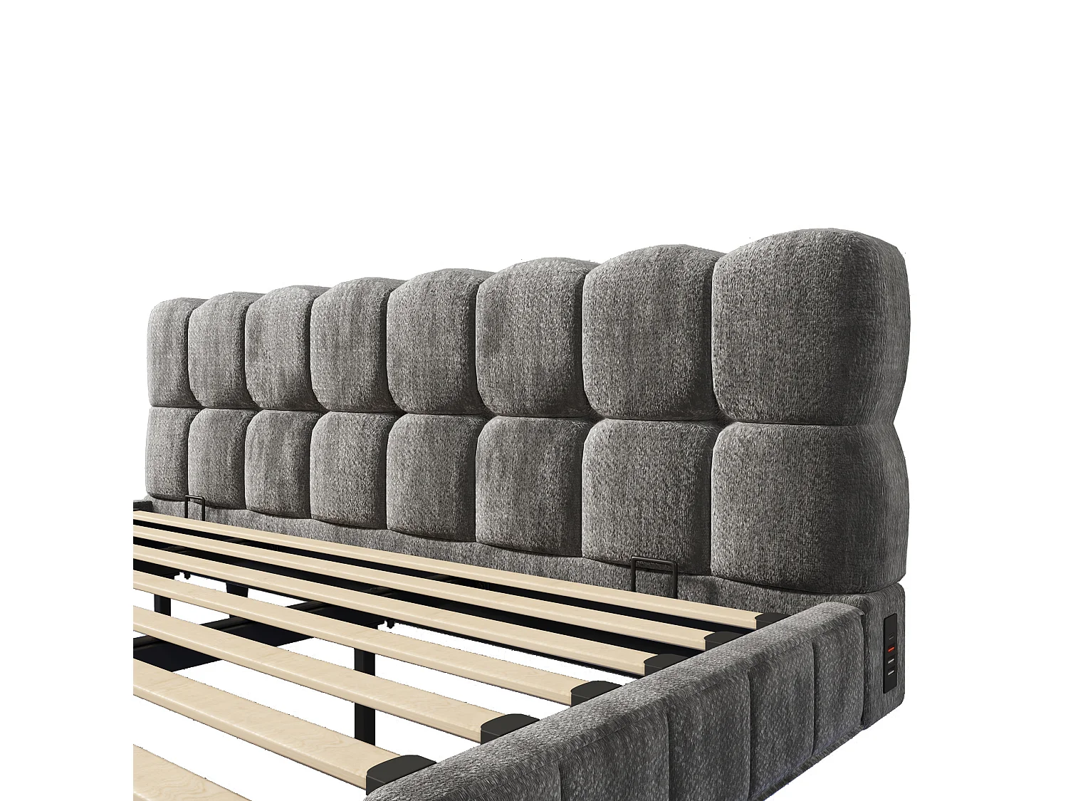 Lit pour adulte rembourré, rangement hydraulique, éclairage LED, ports de recharge (USB et Type-C), tissu chenille, gris - 160 x 200 cm