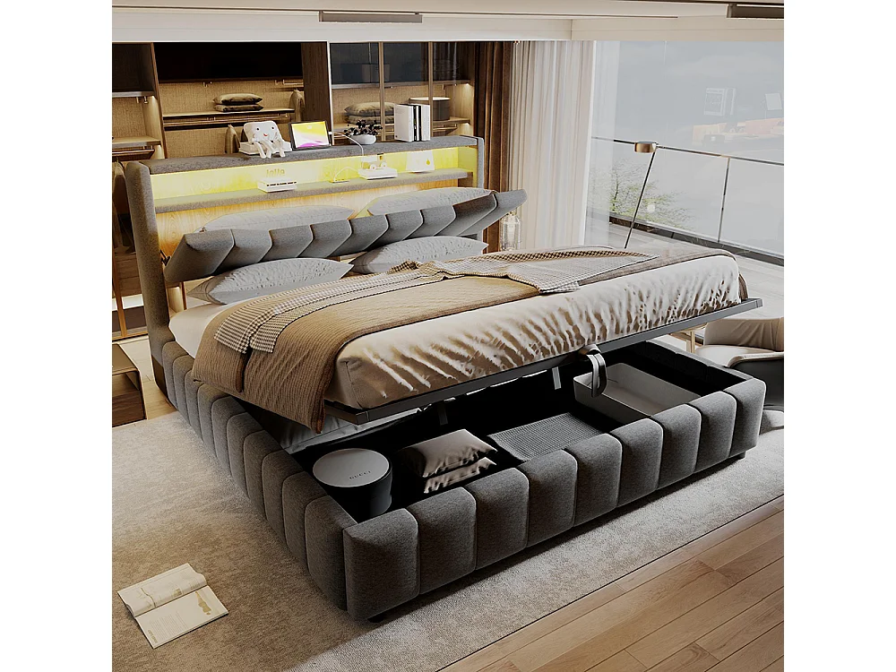 Cama de adulto 180 x 200 cm, arrumação hidráulica, equipada com uma faixa de luz LED, portas de carregamento USB e USB-C, tecido de linho, cinzento