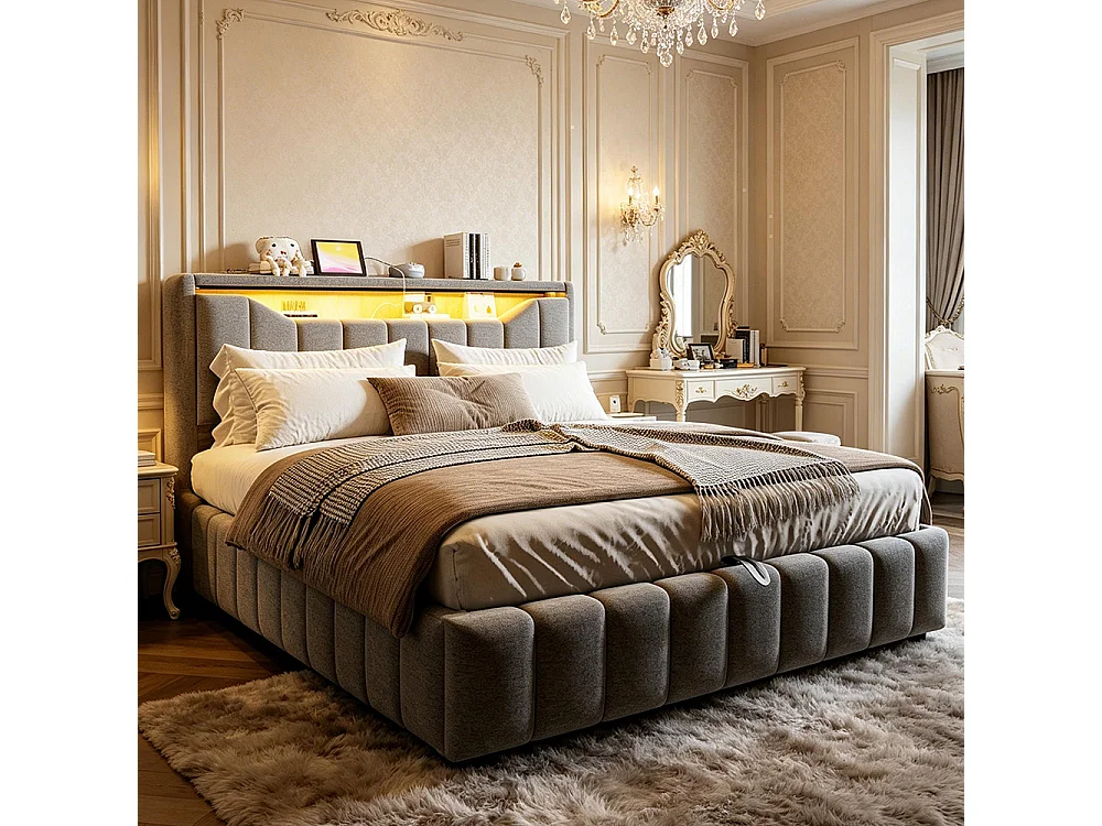 Cama de adulto 180 x 200 cm, arrumação hidráulica, equipada com uma faixa de luz LED, portas de carregamento USB e USB-C, tecido de linho, cinzento