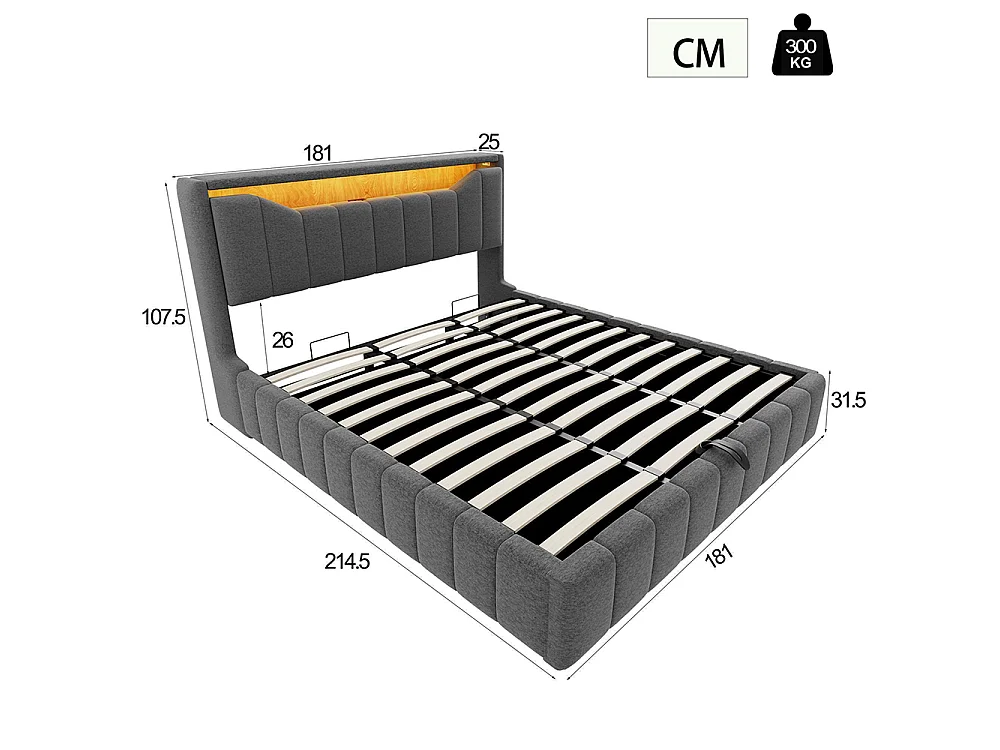 Cama de adulto 180 x 200 cm, arrumação hidráulica, equipada com uma faixa de luz LED, portas de carregamento USB e USB-C, tecido de linho, cinzento