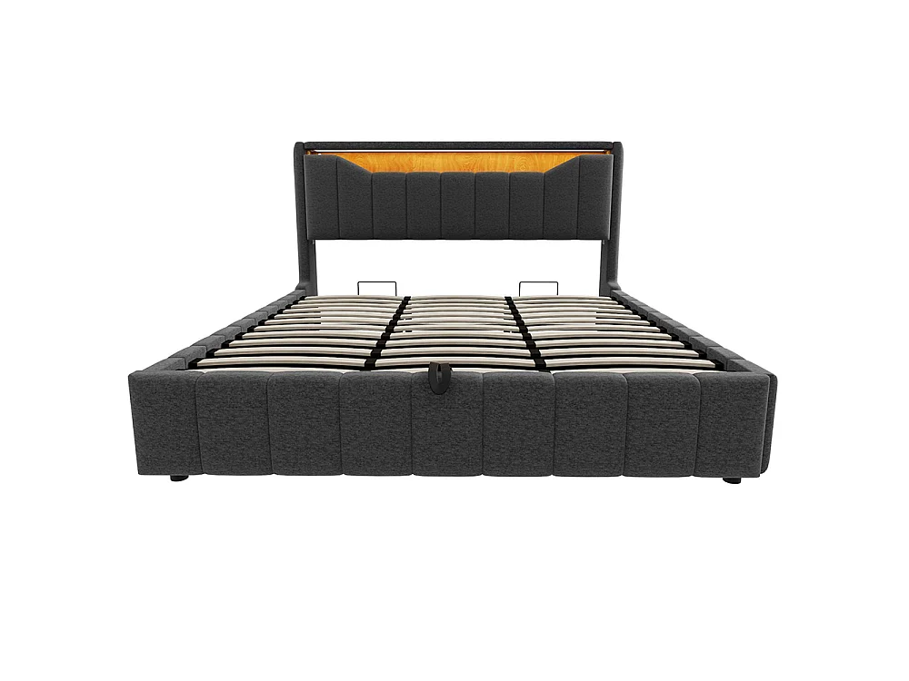 Cama de adulto 180 x 200 cm, arrumação hidráulica, equipada com uma faixa de luz LED, portas de carregamento USB e USB-C, tecido de linho, cinzento