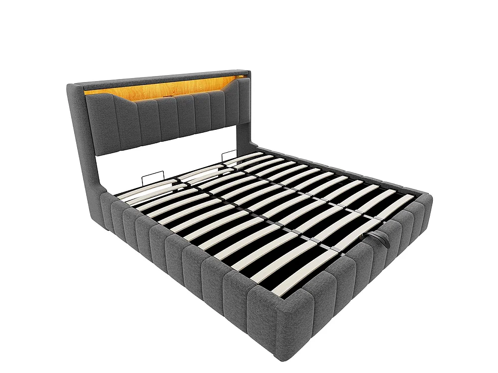 Cama de adulto 180 x 200 cm, arrumação hidráulica, equipada com uma faixa de luz LED, portas de carregamento USB e USB-C, tecido de linho, cinzento