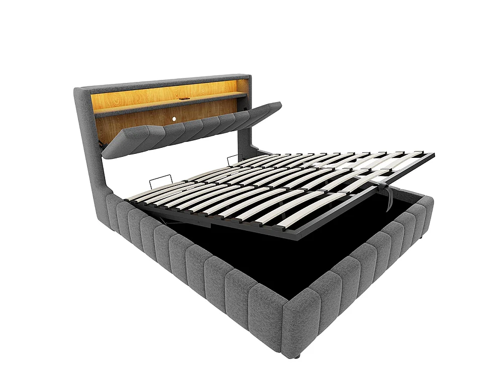 Cama de adulto 180 x 200 cm, arrumação hidráulica, equipada com uma faixa de luz LED, portas de carregamento USB e USB-C, tecido de linho, cinzento