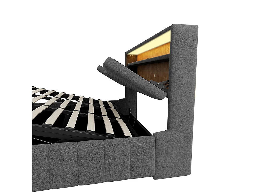 Cama de adulto 180 x 200 cm, arrumação hidráulica, equipada com uma faixa de luz LED, portas de carregamento USB e USB-C, tecido de linho, cinzento
