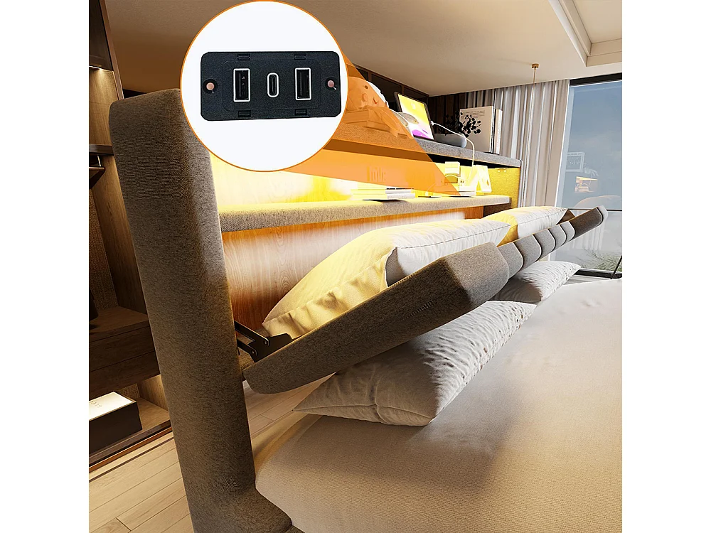Cama de adulto 180 x 200 cm, arrumação hidráulica, equipada com uma faixa de luz LED, portas de carregamento USB e USB-C, tecido de linho, cinzento