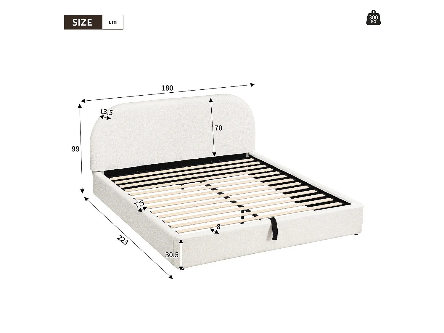 Cama para adulto estofada, arrumação hidráulica, com base de colchão, cabeceira, cabeceira estofada, tecido felpudo, bege - 160 x 200 cm
