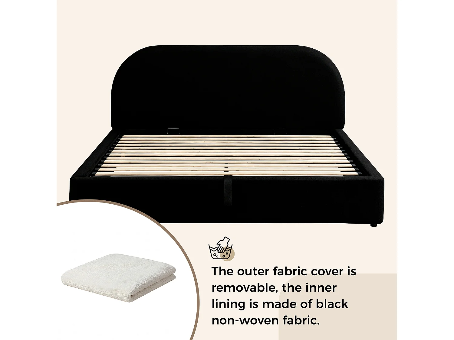 Cama para adulto estofada, arrumação hidráulica, com base de colchão, cabeceira, cabeceira estofada, tecido felpudo, bege - 160 x 200 cm