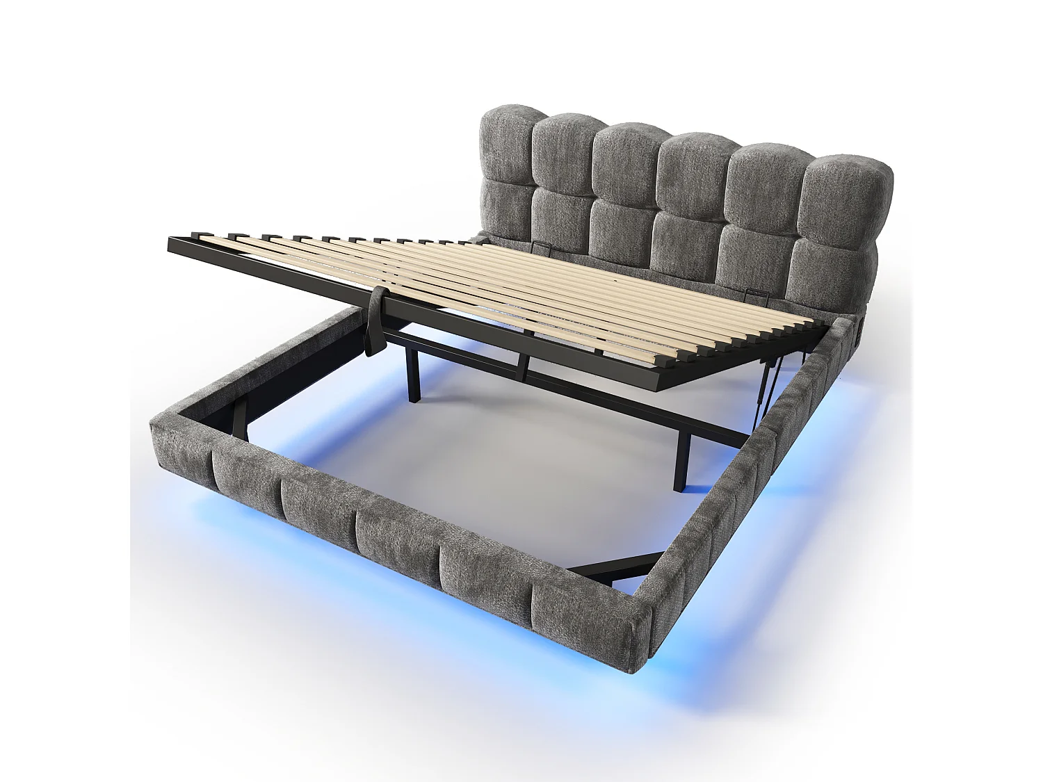 Lit pour adulte rembourré, rangement hydraulique, éclairage LED, ports de recharge (USB et Type-C), tissu chenille, gris - 140 x 200 cm