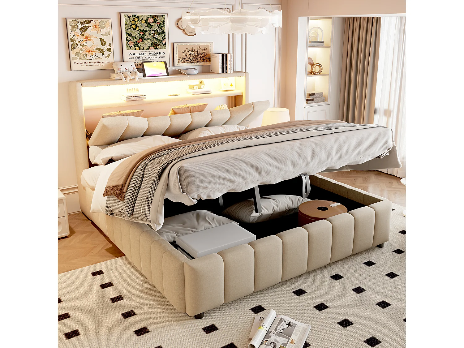 Lit adulte 140 x 200 cm, rangement hydraulique, équipé d'une bande lumineuse LED, de ports de recharge USB et USB-C, tissu en lin,  beige