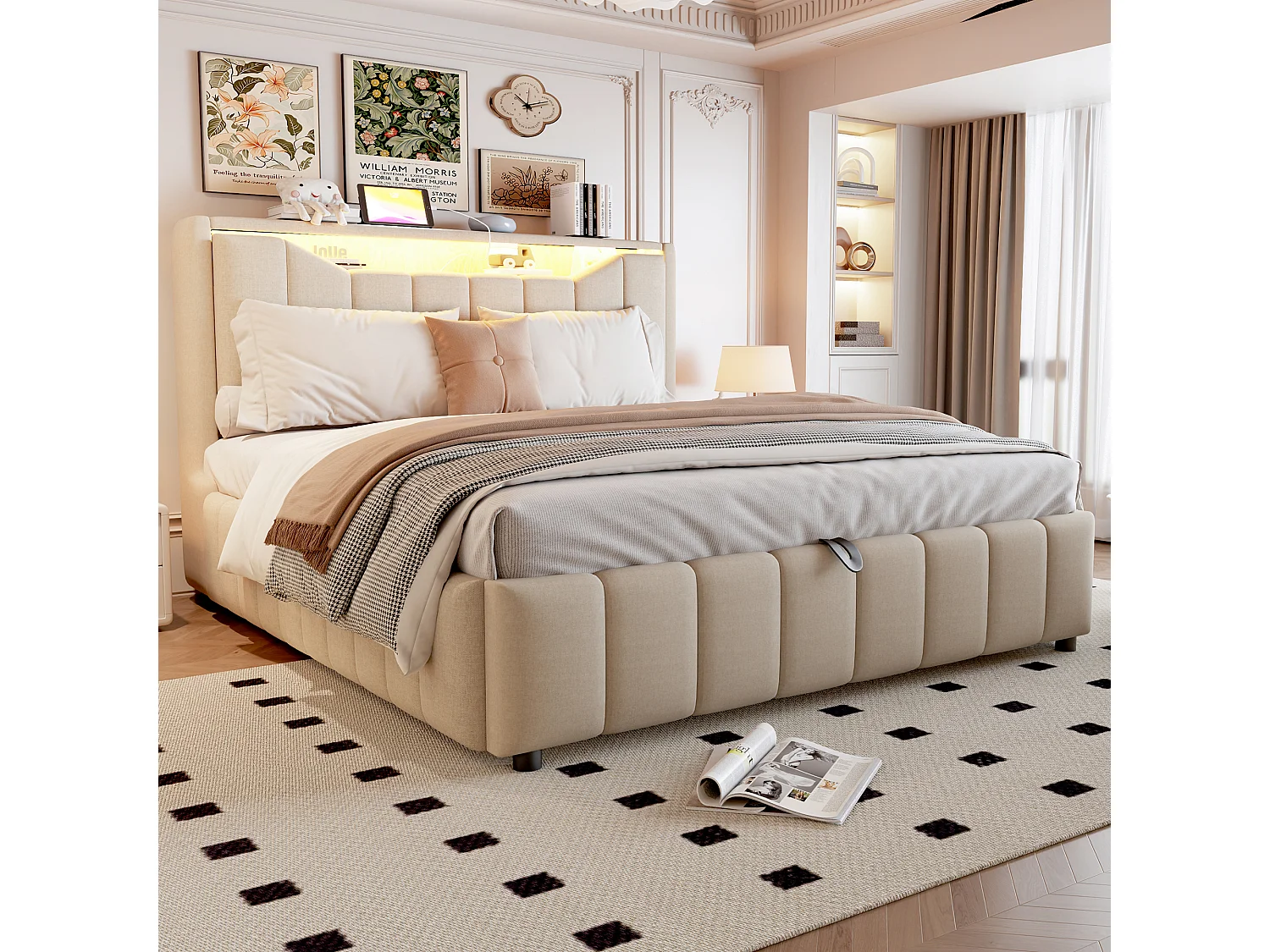 Lit adulte 140 x 200 cm, rangement hydraulique, équipé d'une bande lumineuse LED, de ports de recharge USB et USB-C, tissu en lin,  beige