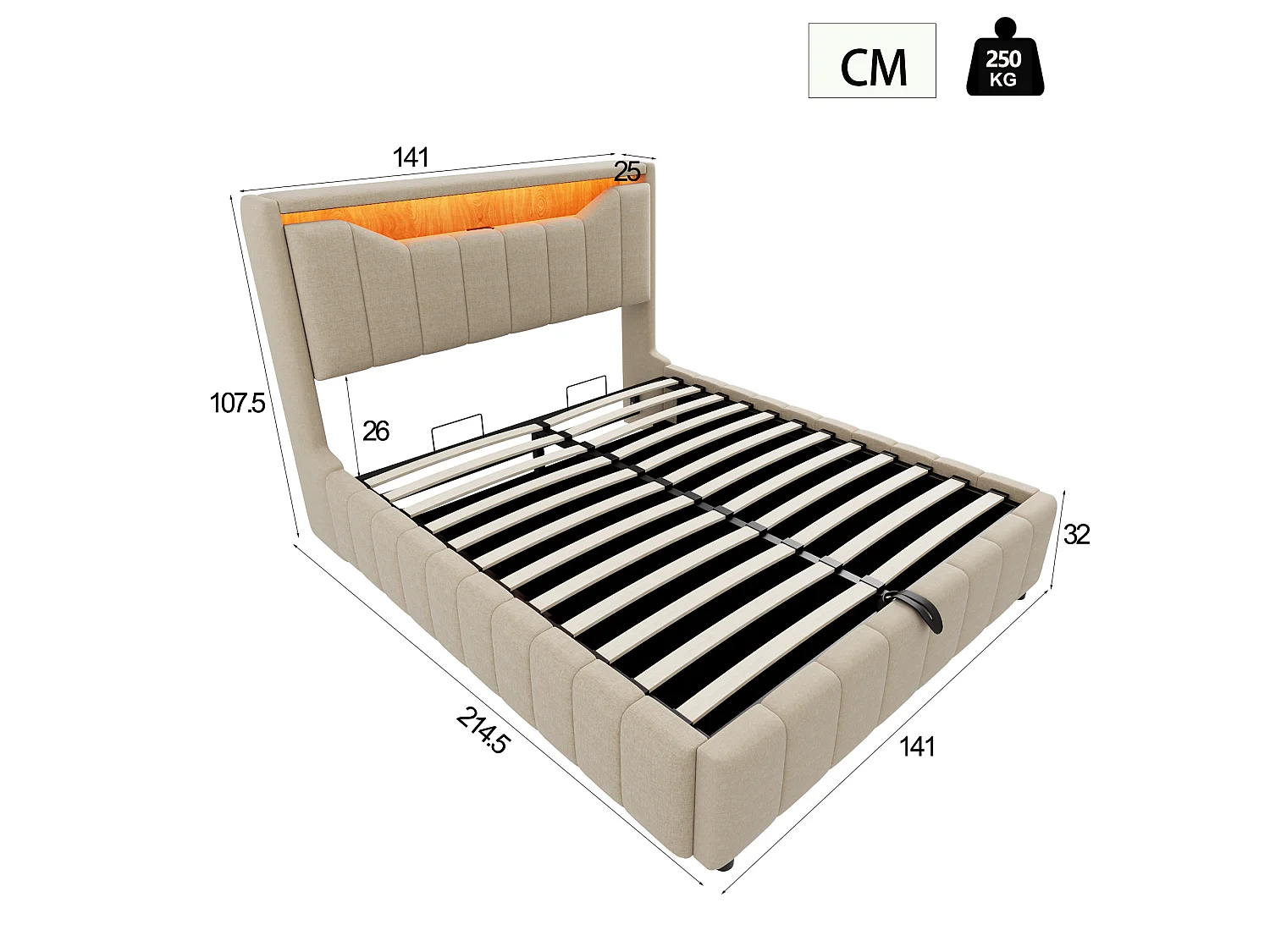 Lit adulte 140 x 200 cm, rangement hydraulique, équipé d'une bande lumineuse LED, de ports de recharge USB et USB-C, tissu en lin,  beige