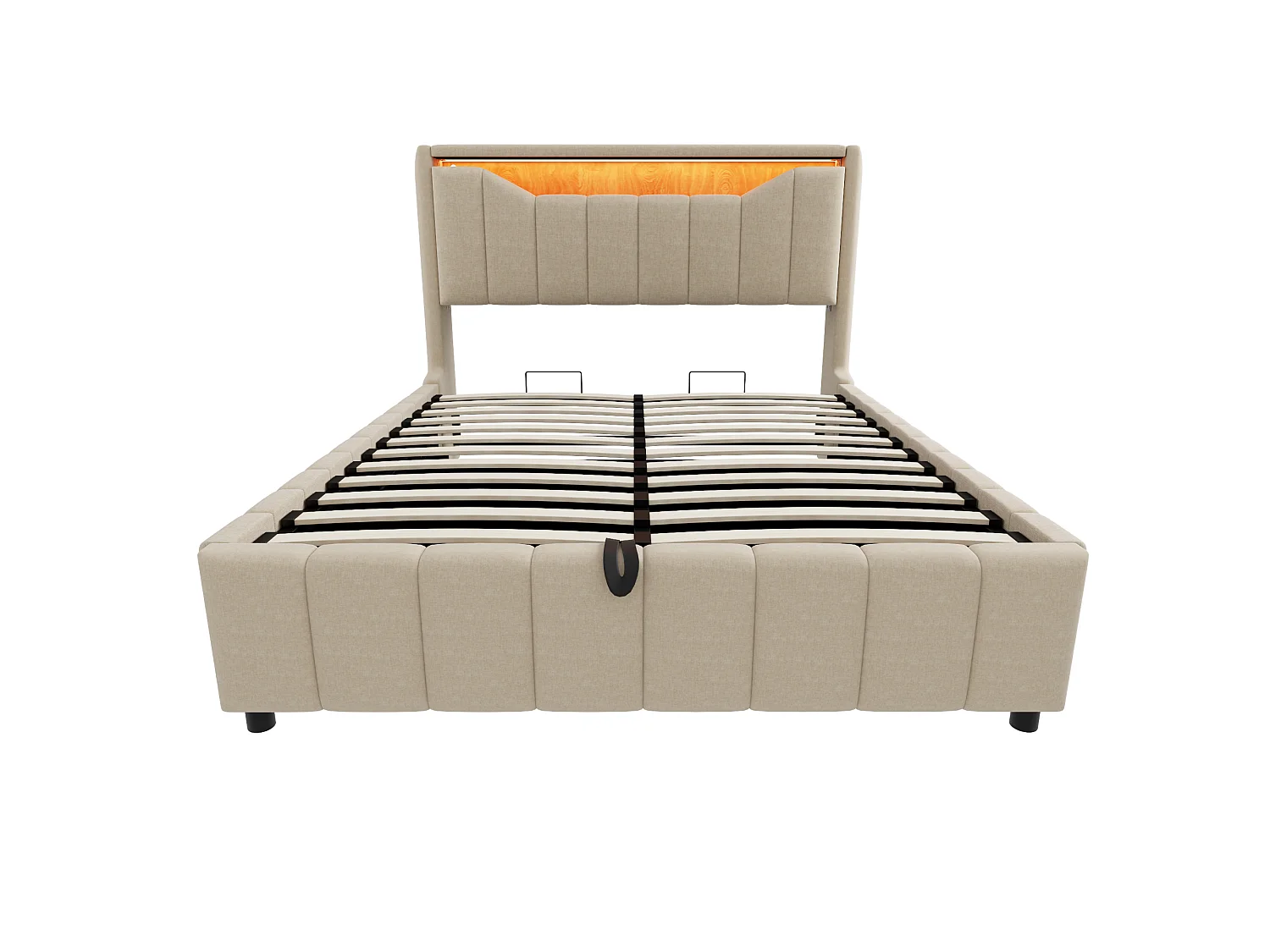 Lit adulte 140 x 200 cm, rangement hydraulique, équipé d'une bande lumineuse LED, de ports de recharge USB et USB-C, tissu en lin,  beige