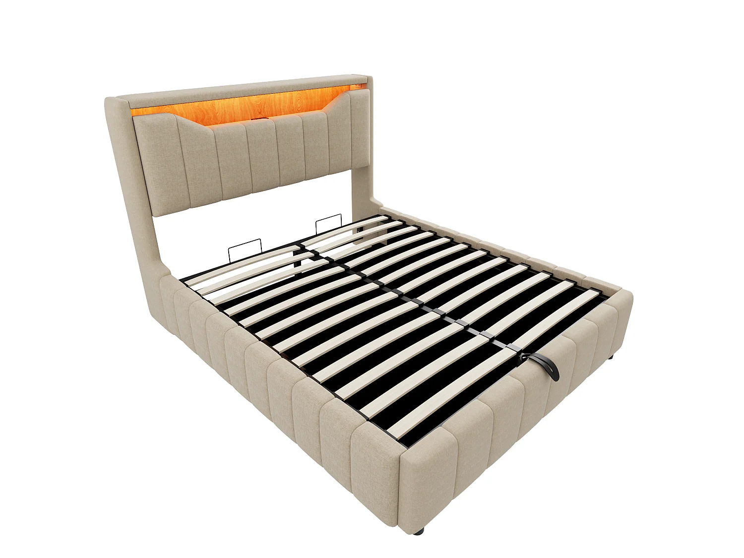 Lit adulte 140 x 200 cm, rangement hydraulique, équipé d'une bande lumineuse LED, de ports de recharge USB et USB-C, tissu en lin,  beige