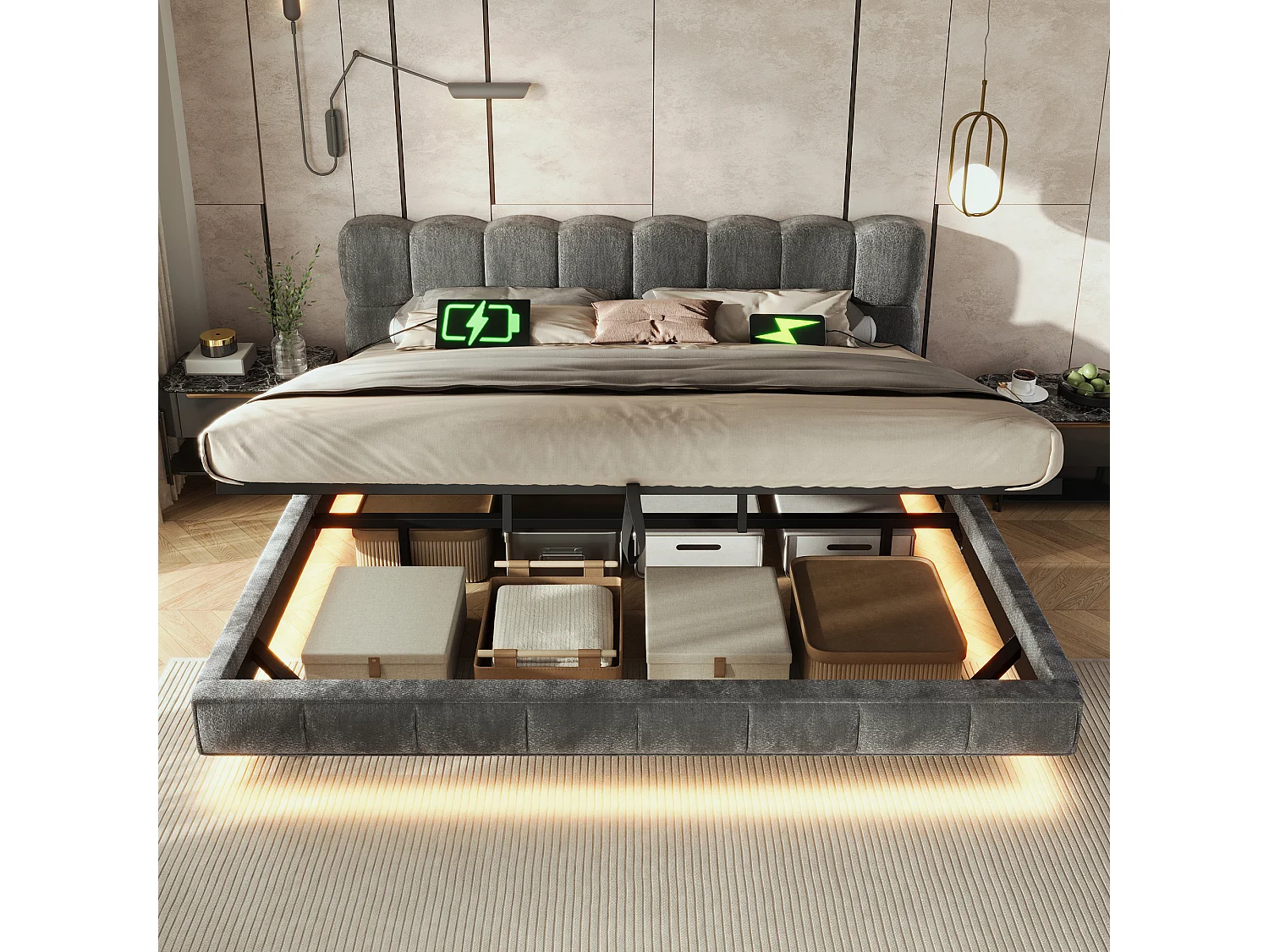 Lit pour adulte rembourré, rangement hydraulique, éclairage LED, ports de recharge (USB et Type-C), tissu chenille, gris - 140 x 190 cm