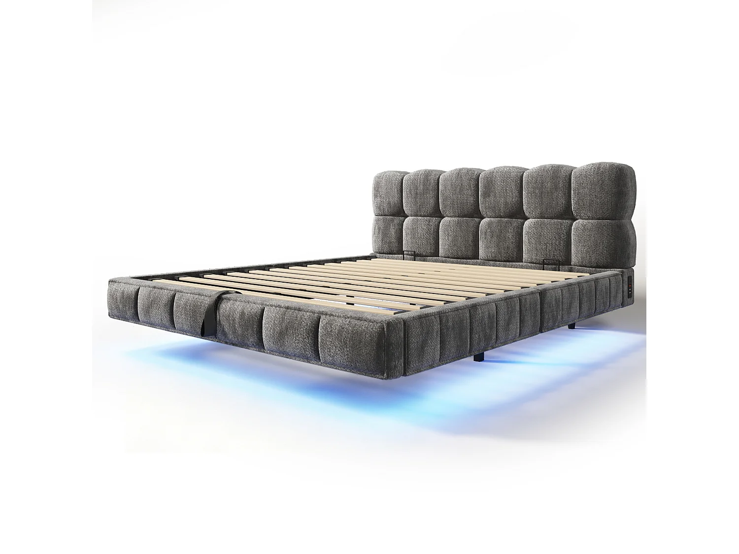 Lit pour adulte rembourré, rangement hydraulique, éclairage LED, ports de recharge (USB et Type-C), tissu chenille, gris - 140 x 190 cm