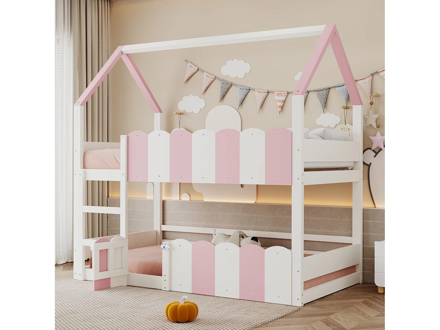 Lit superposé pour enfants 90 × 200 cm, en forme de maison, équipé de barrières de sécurité surélevées, rose