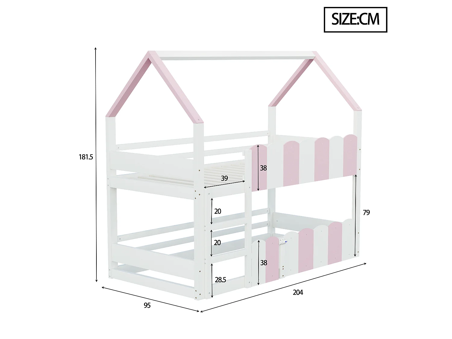 Lit superposé pour enfants 90 × 200 cm, en forme de maison, équipé de barrières de sécurité surélevées, rose