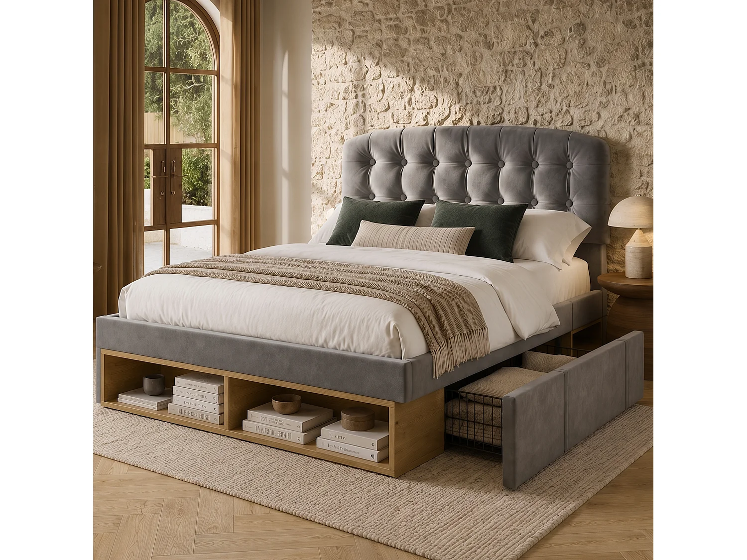 Lit double pour adultes, avec tête de lit incurvée à hauteur réglable, tiroirs et espaces de rangement, en velours, gris - 140 x 190 cm
