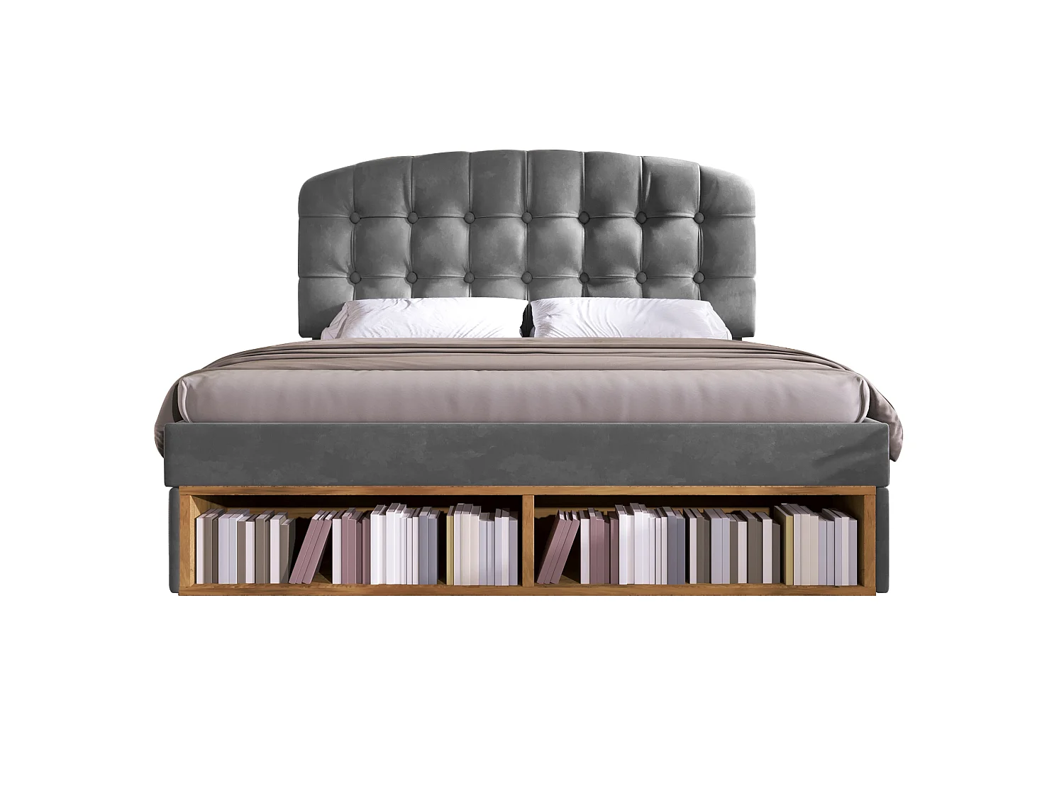 Lit double pour adultes, avec tête de lit incurvée à hauteur réglable, tiroirs et espaces de rangement, en velours, gris - 140 x 190 cm