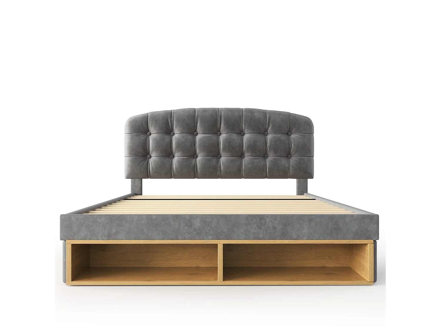 Lit double pour adultes, avec tête de lit incurvée à hauteur réglable, tiroirs et espaces de rangement, en velours, gris - 140 x 190 cm
