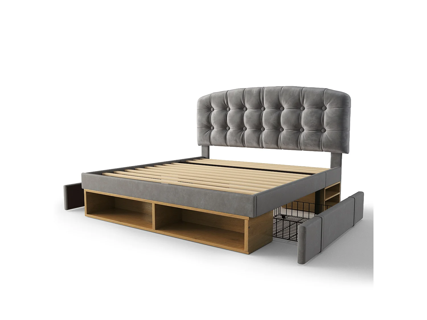 Lit double pour adultes, avec tête de lit incurvée à hauteur réglable, tiroirs et espaces de rangement, en velours, gris - 140 x 190 cm