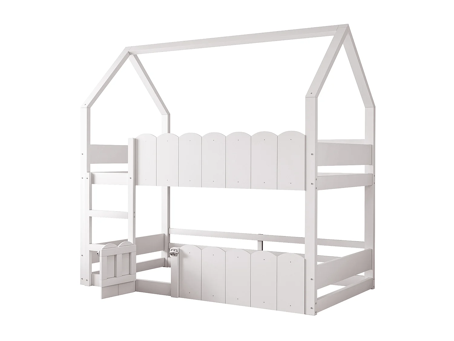 Lit superposé pour enfants 90 × 200 cm, en forme de maison, équipé de barrières de sécurité surélevées, blanc