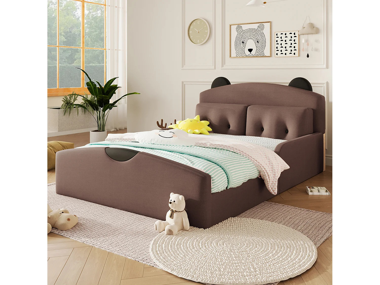 Cama infantil 140 x 200, com capa de cama em linho, padrão de ursinhos, incluindo 2 almofadas decorativas, em linho, cor café