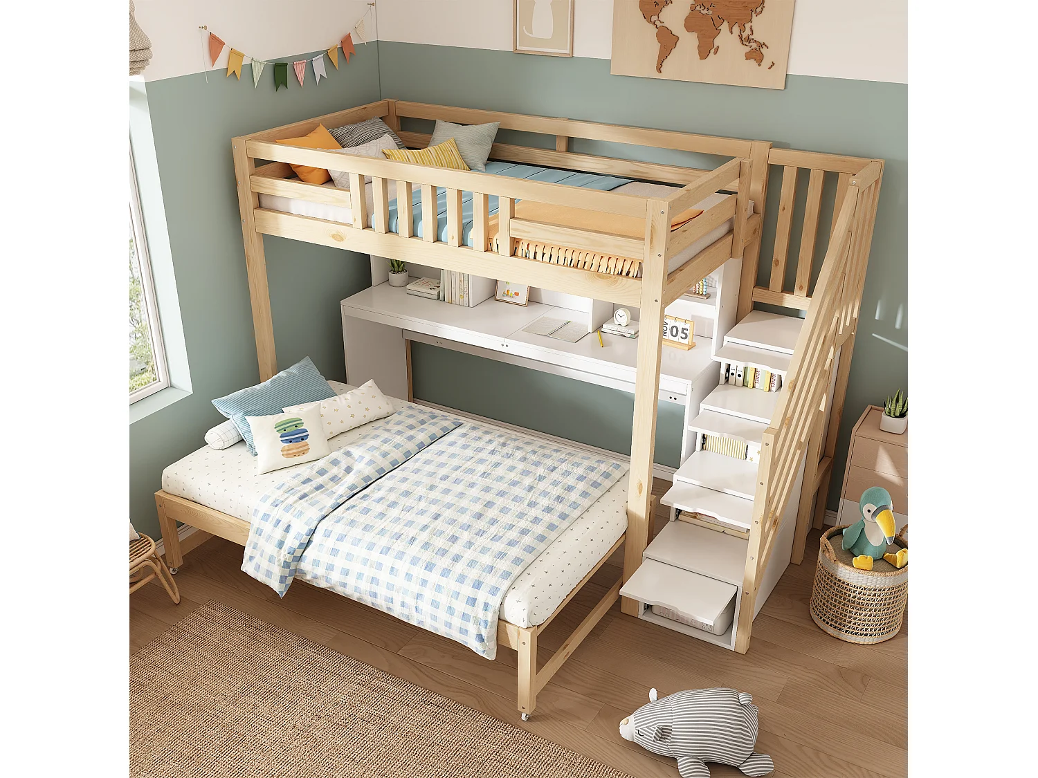 Lit superposé 90 x 200 + 90 x 190, avec lit coulissant sur roulettes, bureau mobile, armoire avec escalier et étagère, blanc et couleur chêne