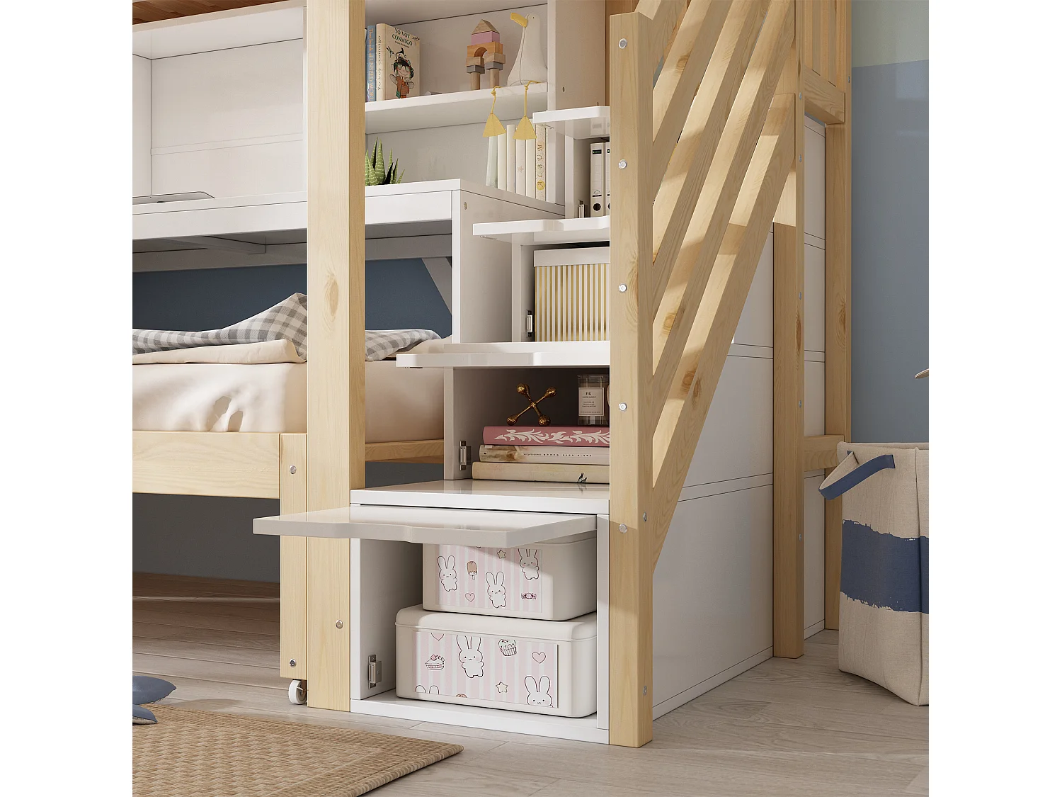 Lit superposé 90 x 200 + 90 x 190, avec lit coulissant sur roulettes, bureau mobile, armoire avec escalier et étagère, blanc et couleur chêne