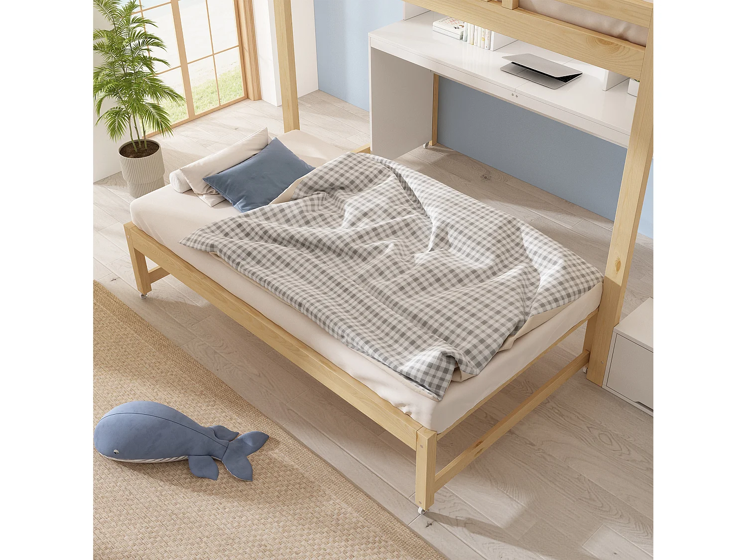 Lit superposé 90 x 200 + 90 x 190, avec lit coulissant sur roulettes, bureau mobile, armoire avec escalier et étagère, blanc et couleur chêne