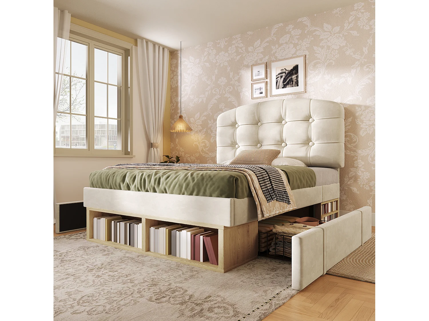 Lit simple pour enfant, avec tête de lit incurvée à hauteur réglable, tiroirs et espaces de rangement, en velours, beige - 90 x 200 cm