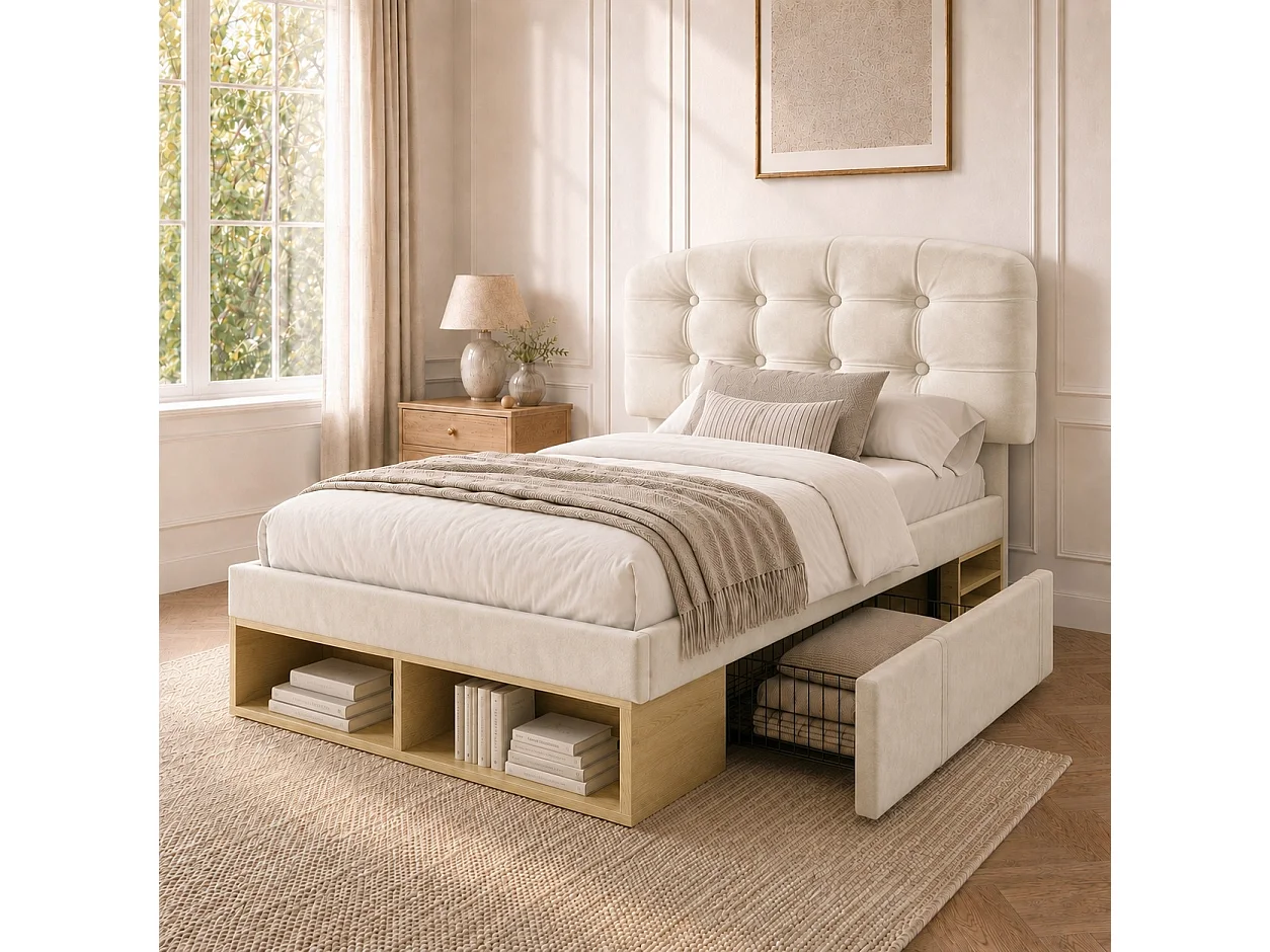 Lit simple pour enfant, avec tête de lit incurvée à hauteur réglable, tiroirs et espaces de rangement, en velours, beige - 90 x 200 cm