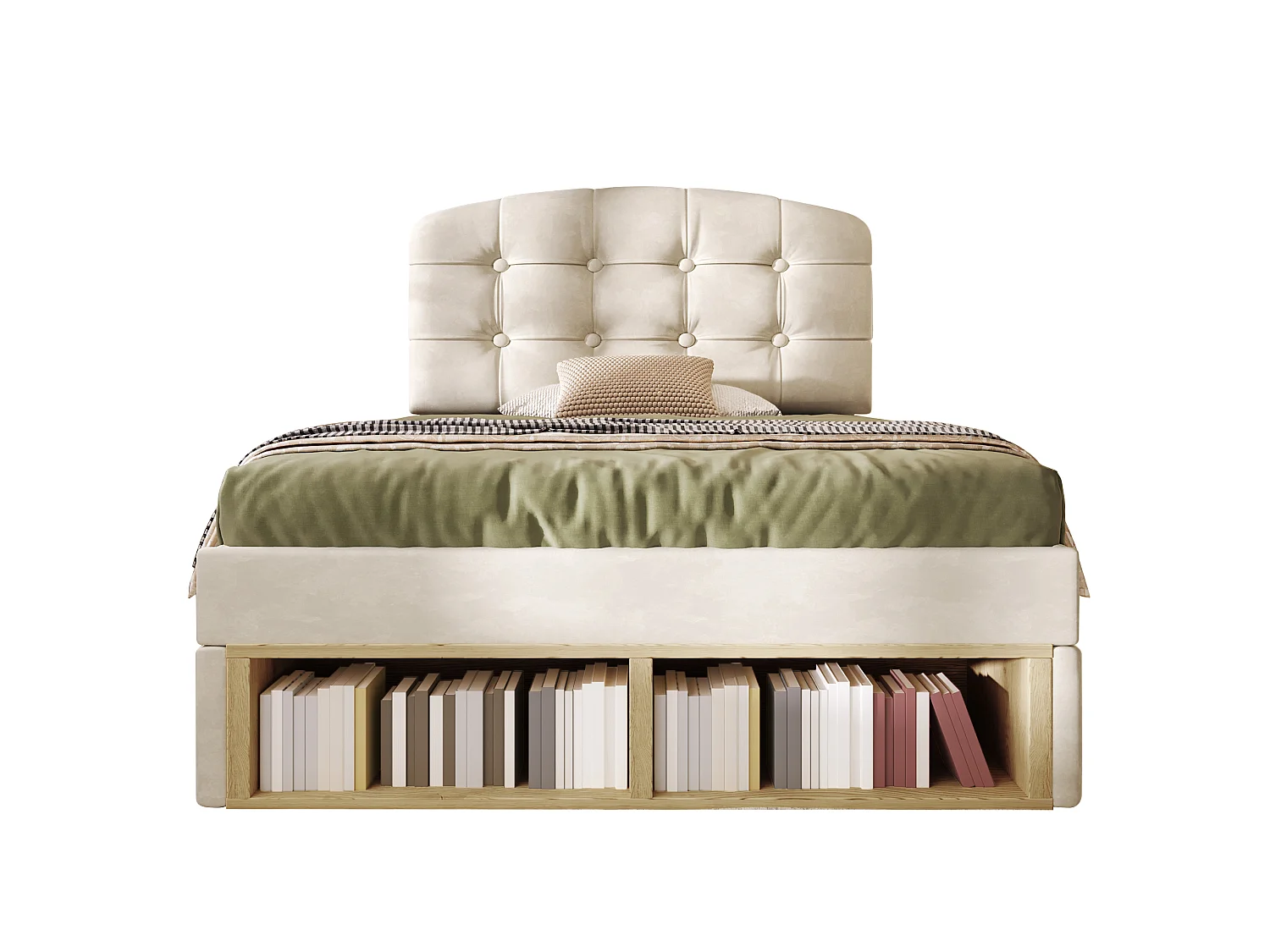 Lit simple pour enfant, avec tête de lit incurvée à hauteur réglable, tiroirs et espaces de rangement, en velours, beige - 90 x 200 cm