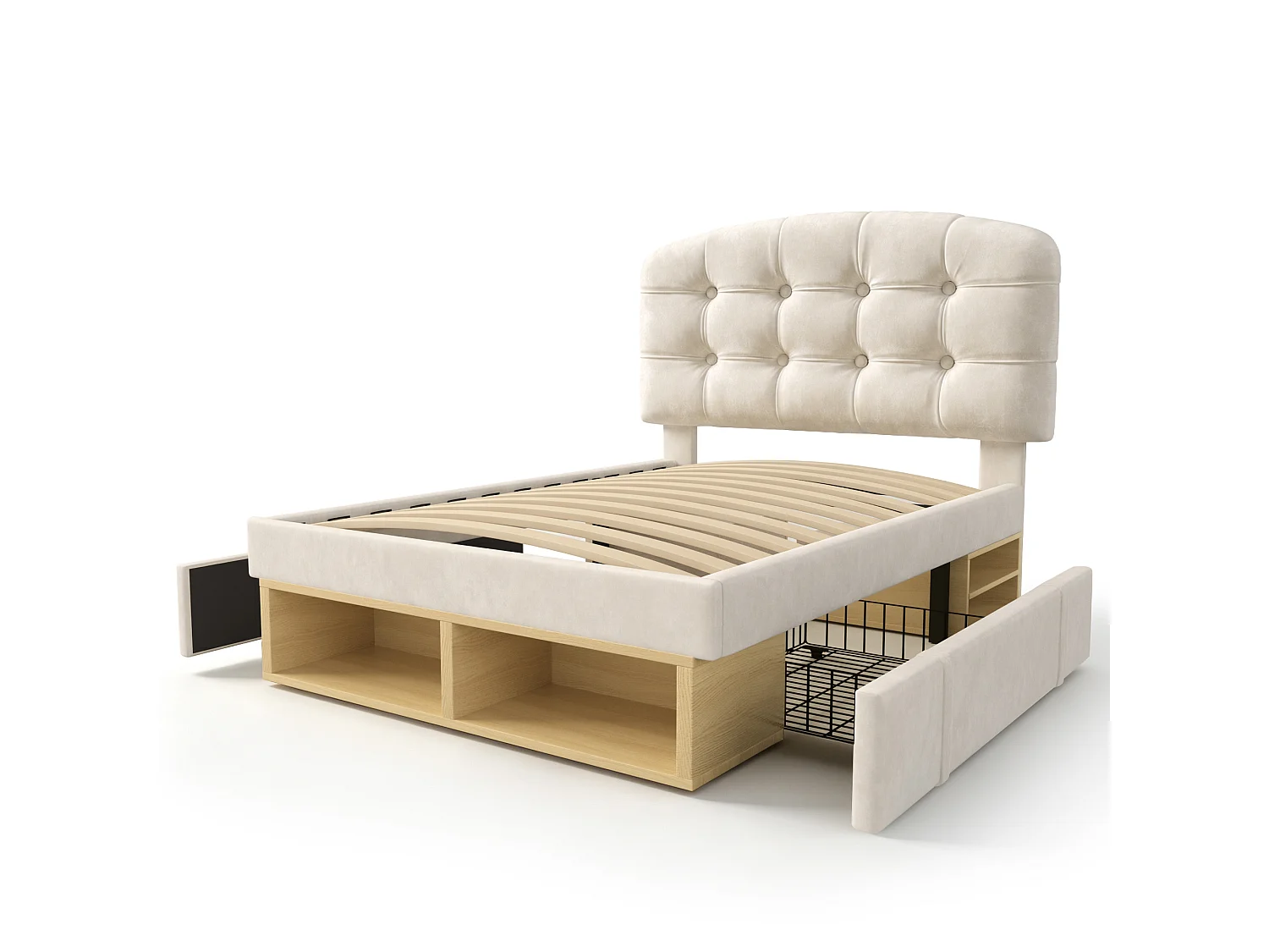 Lit simple pour enfant, avec tête de lit incurvée à hauteur réglable, tiroirs et espaces de rangement, en velours, beige - 90 x 200 cm