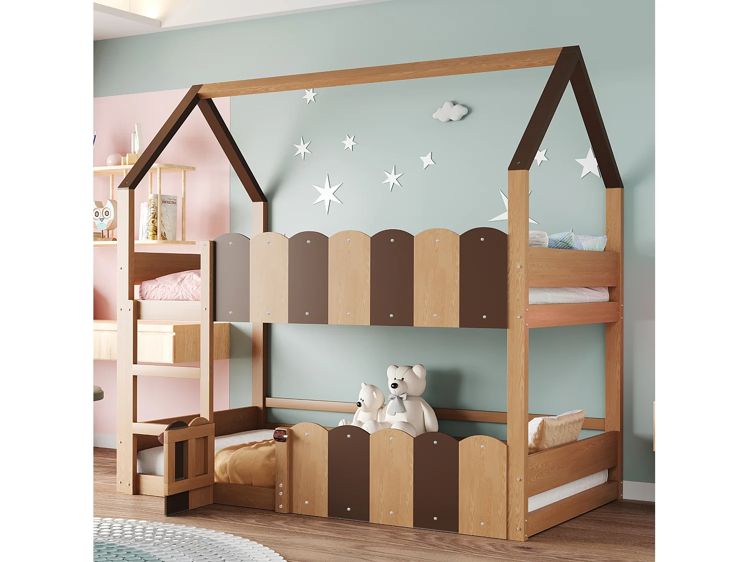Lit superposé pour enfants 90 × 200 cm, en forme de maison, équipé de barrières de sécurité surélevées, couleur naturelle