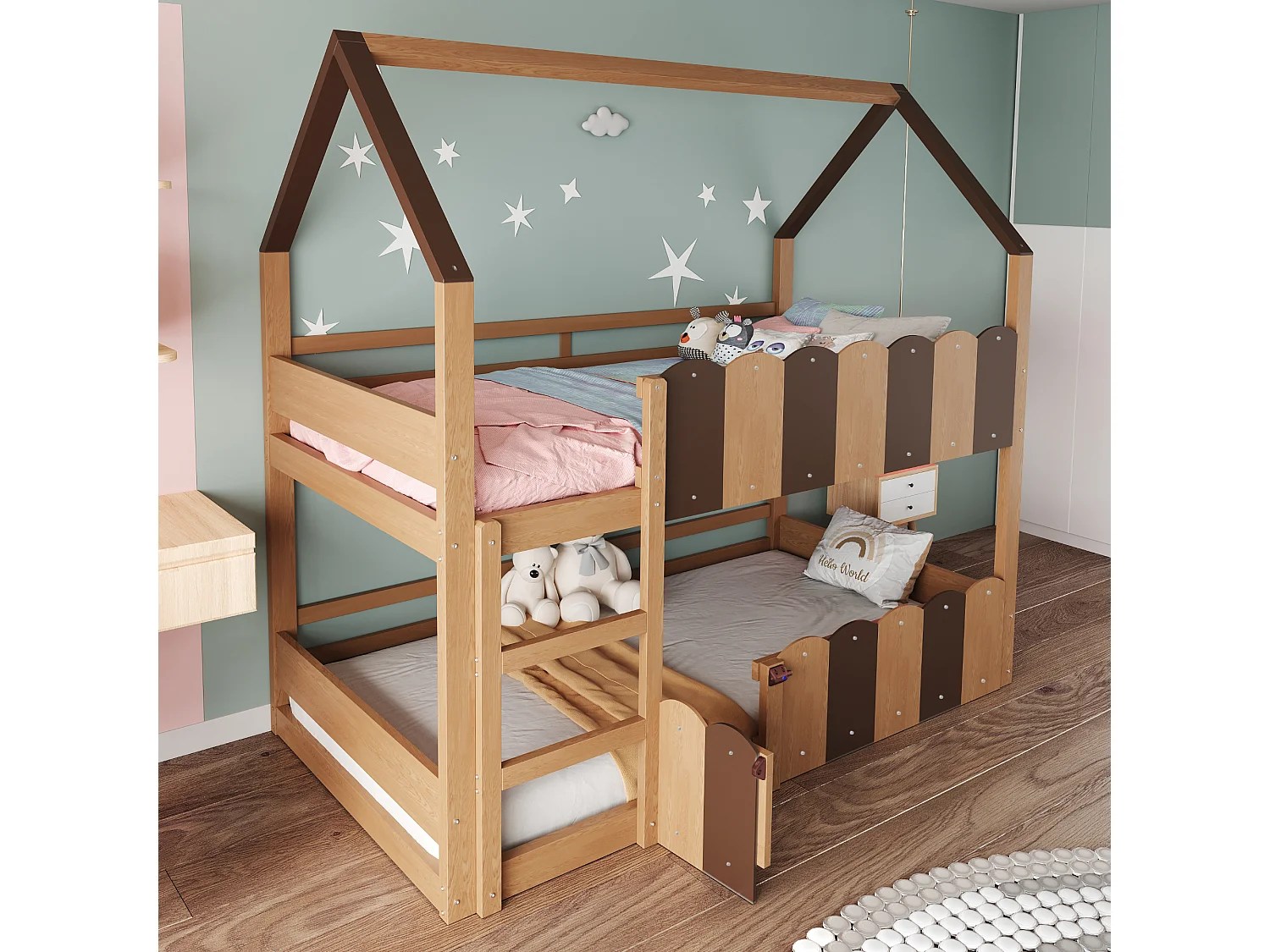 Lit superposé pour enfants 90 × 200 cm, en forme de maison, équipé de barrières de sécurité surélevées, couleur naturelle