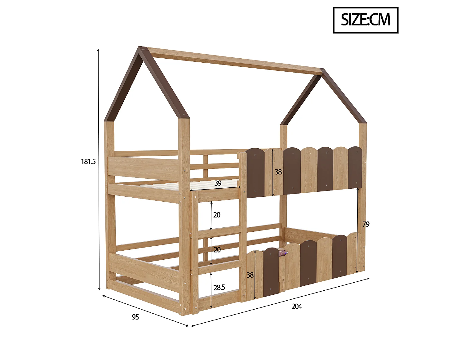 Lit superposé pour enfants 90 × 200 cm, en forme de maison, équipé de barrières de sécurité surélevées, couleur naturelle