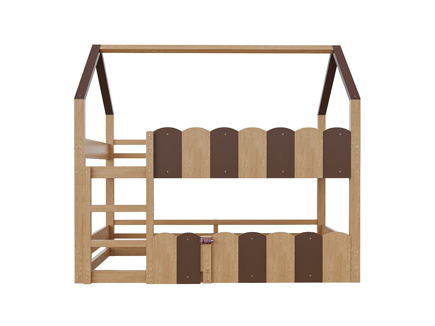 Lit superposé pour enfants 90 × 200 cm, en forme de maison, équipé de barrières de sécurité surélevées, couleur naturelle