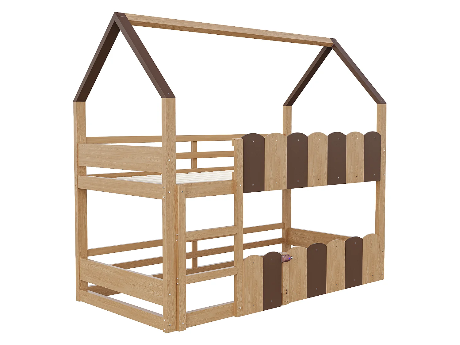 Lit superposé pour enfants 90 × 200 cm, en forme de maison, équipé de barrières de sécurité surélevées, couleur naturelle