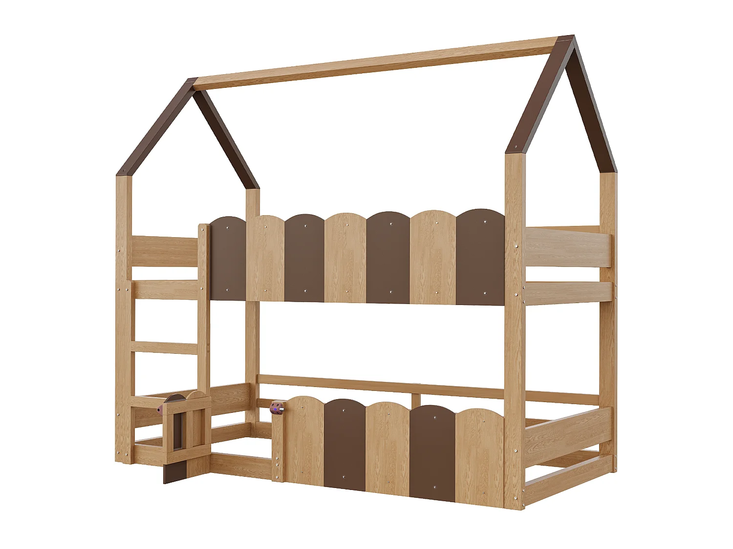 Lit superposé pour enfants 90 × 200 cm, en forme de maison, équipé de barrières de sécurité surélevées, couleur naturelle