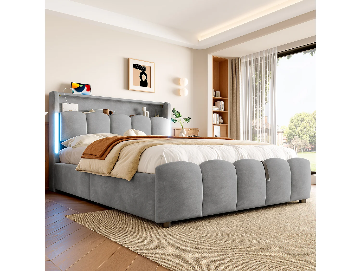 Lit rembourré pour adulte 140 x 200 cm, éclairage LED, tête de lit avec rangement, ports USB et Type-C, en velours,gris