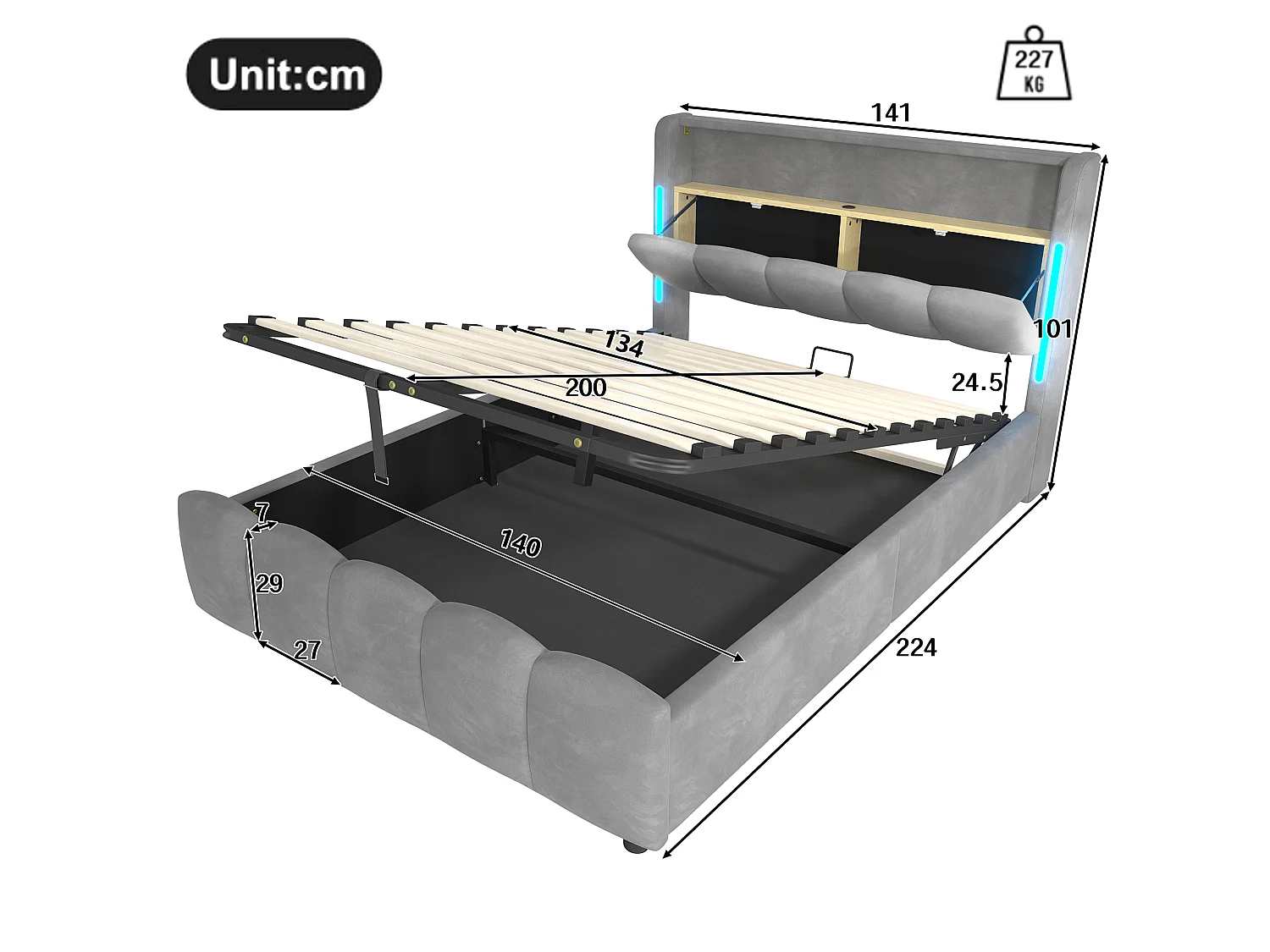 Lit rembourré pour adulte 140 x 200 cm, éclairage LED, tête de lit avec rangement, ports USB et Type-C, en velours,gris