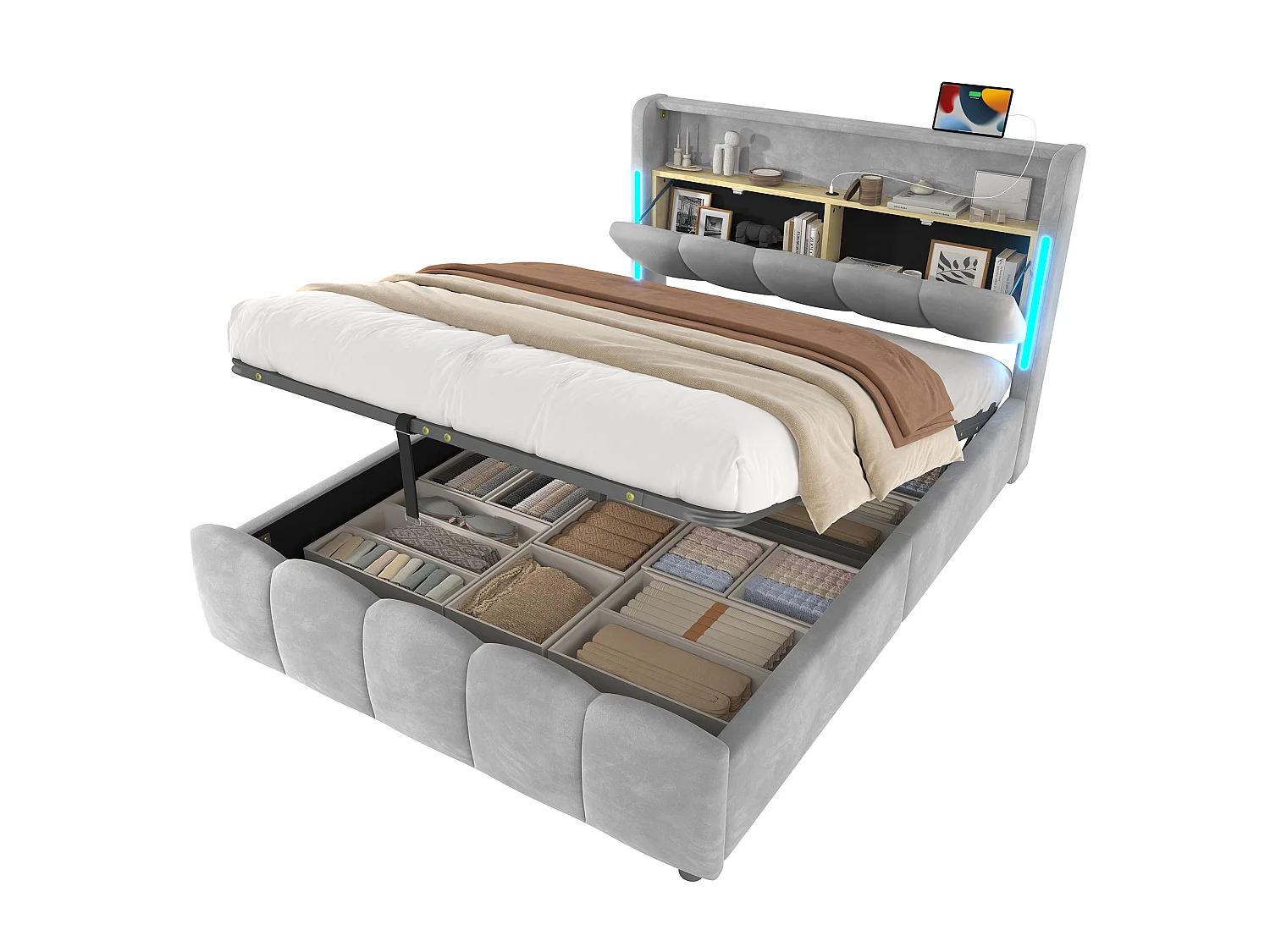 Lit rembourré pour adulte 140 x 200 cm, éclairage LED, tête de lit avec rangement, ports USB et Type-C, en velours,gris