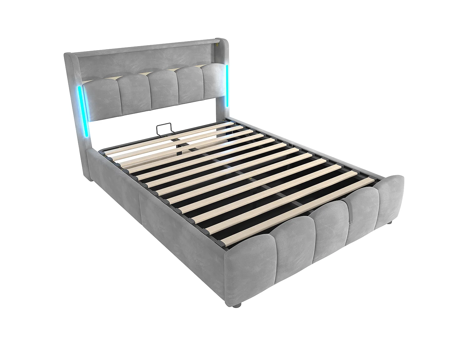 Lit rembourré pour adulte 140 x 200 cm, éclairage LED, tête de lit avec rangement, ports USB et Type-C, en velours,gris